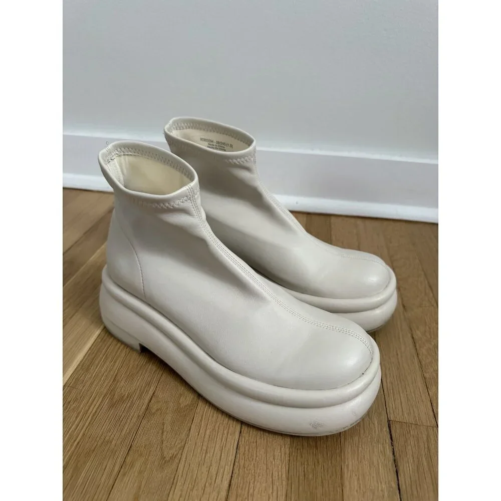 Charles & Keith Nola Leather Chalk White Slip On Ankle Booties Minimalist 38